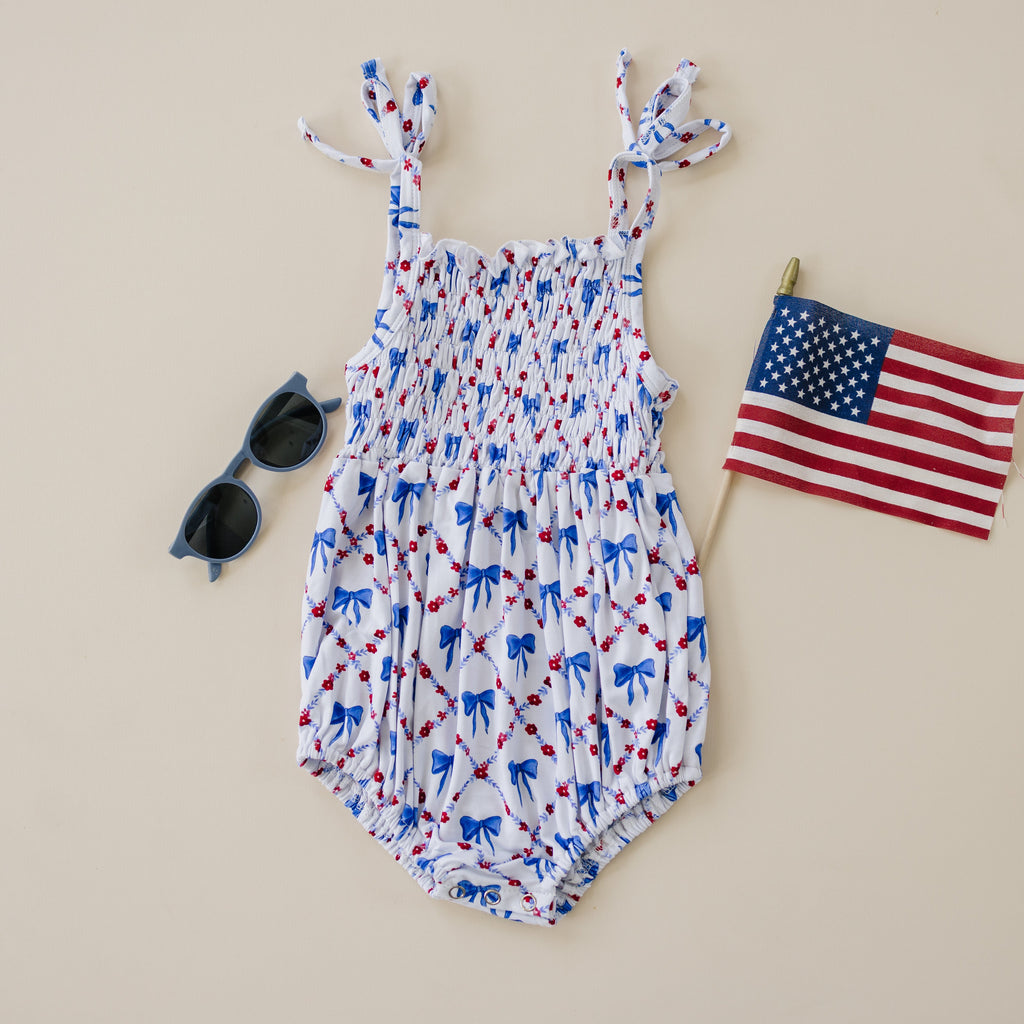 Smocked Bamboo Bubble Romper | Red, White and Bows