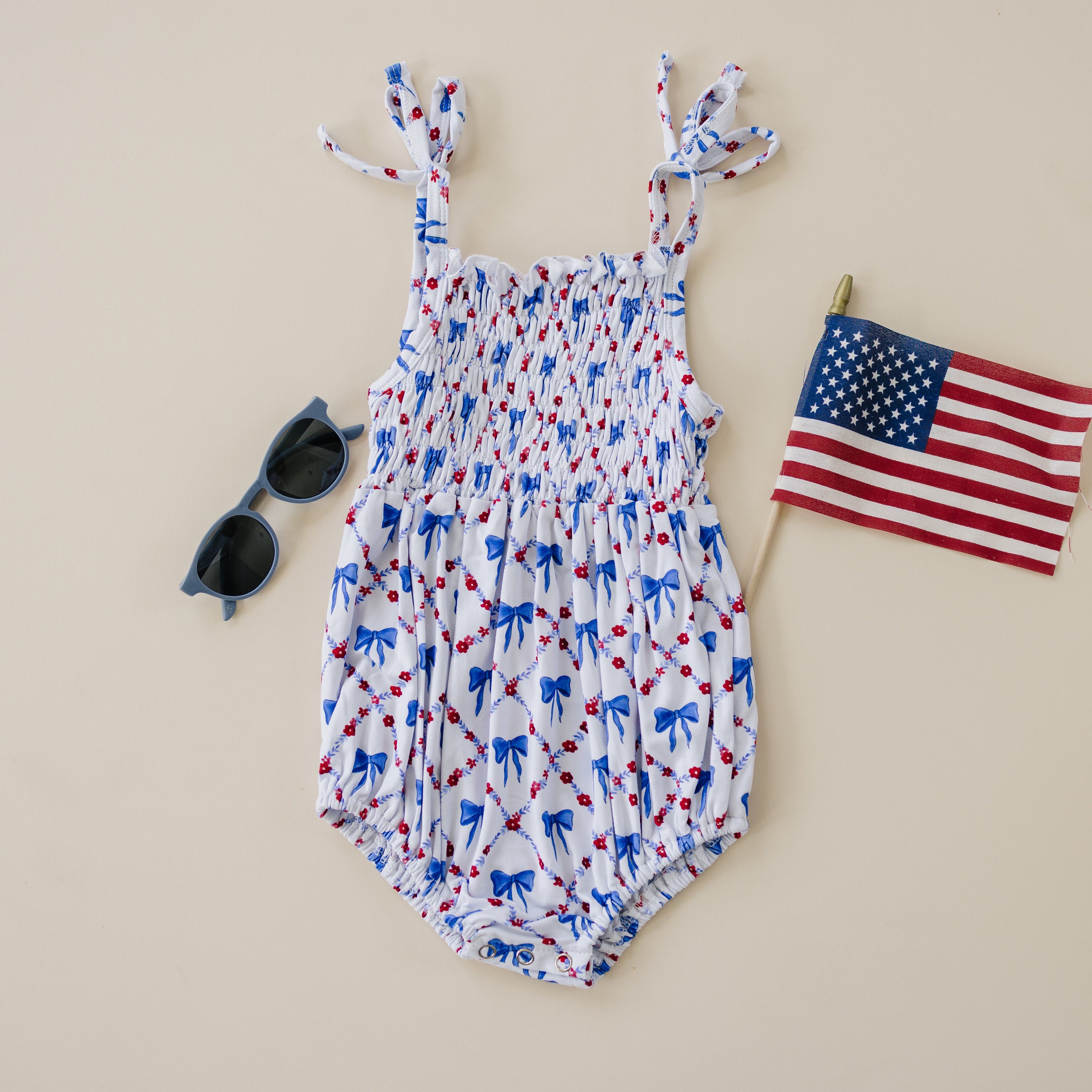 Smocked Bamboo Bubble Romper | Red, White and Bows