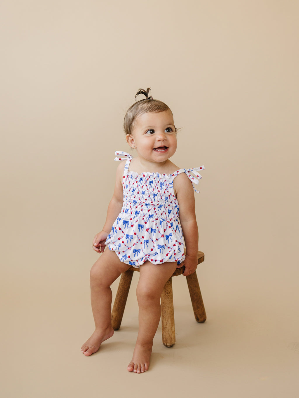 Smocked Bamboo Bubble Romper | Red, White and Bows