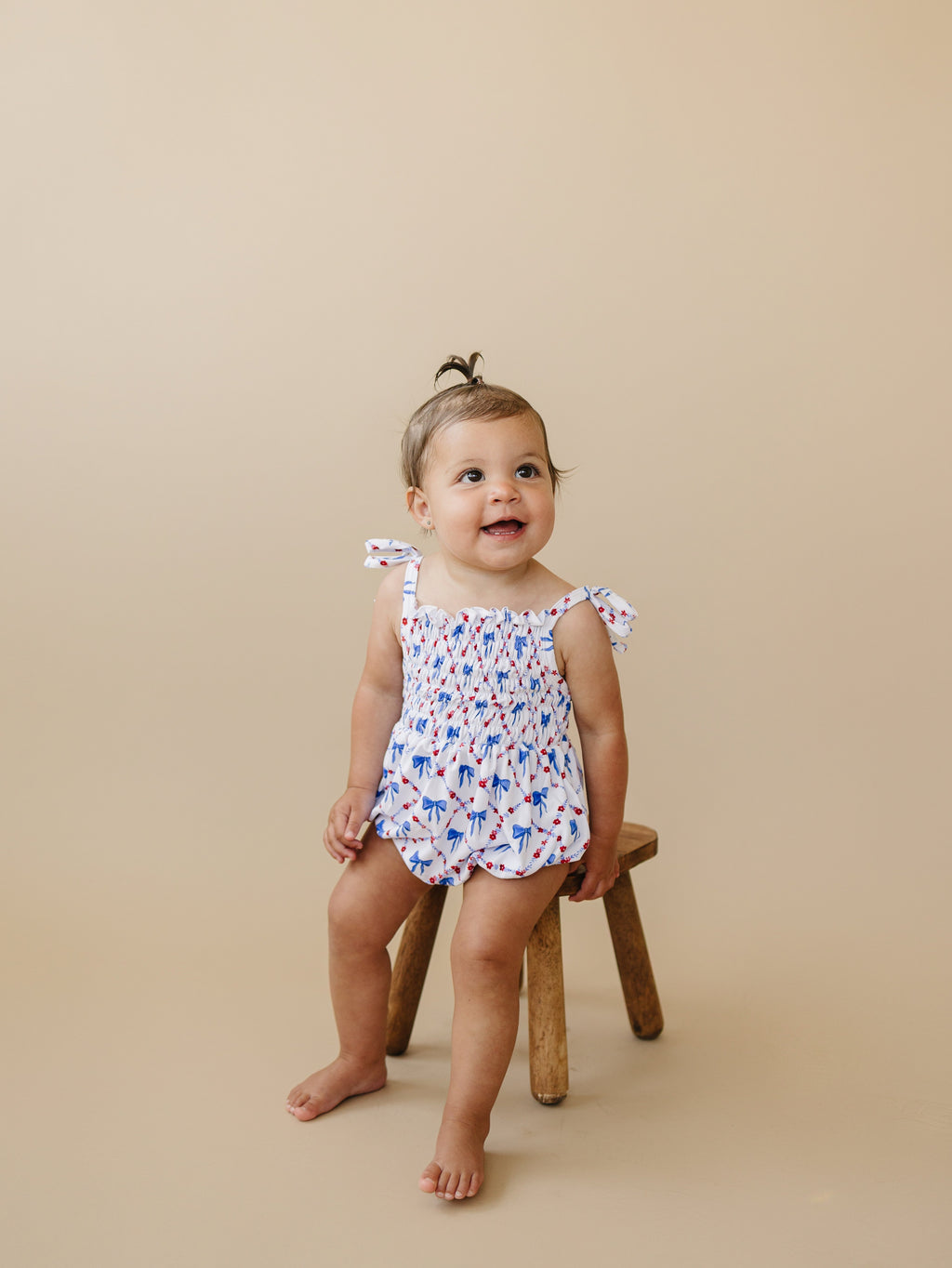 Smocked Bamboo Bubble Romper | Red, White and Bows