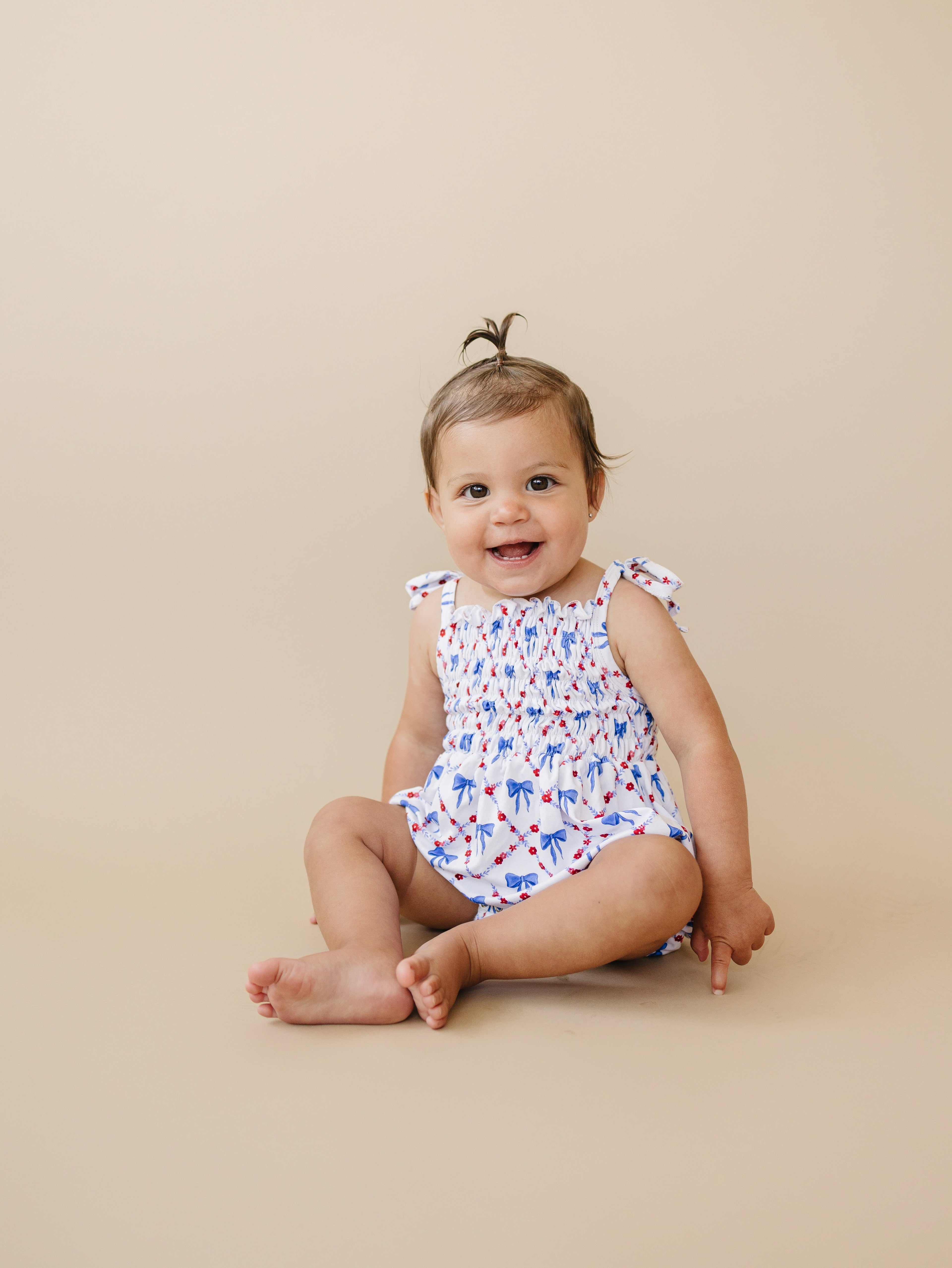 Smocked Bamboo Bubble Romper | Red, White and Bows