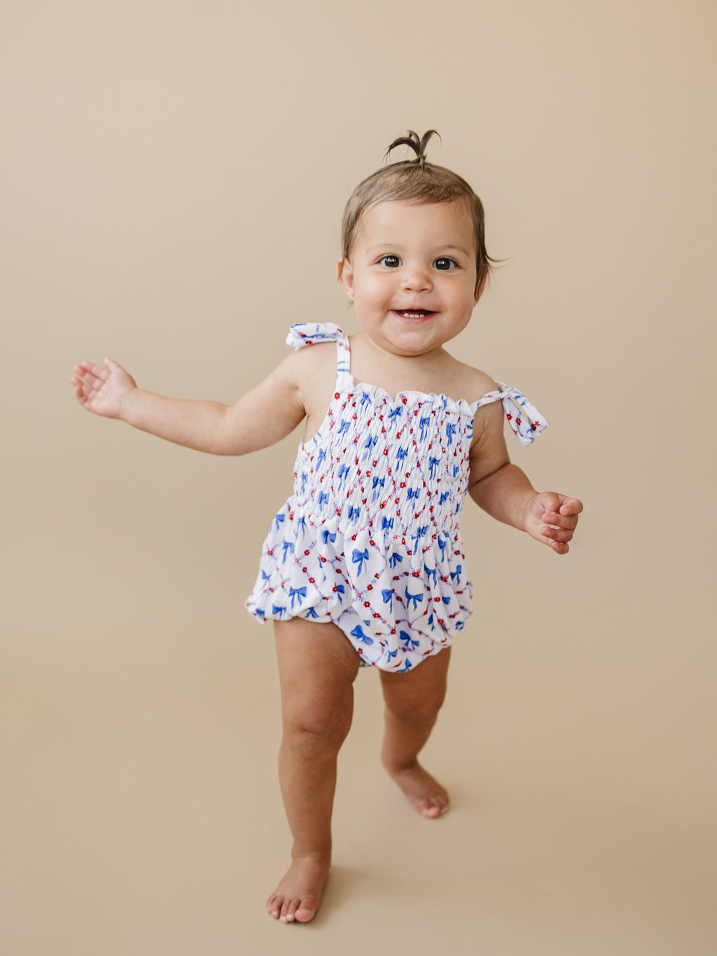 Smocked Bamboo Bubble Romper | Red, White and Bows