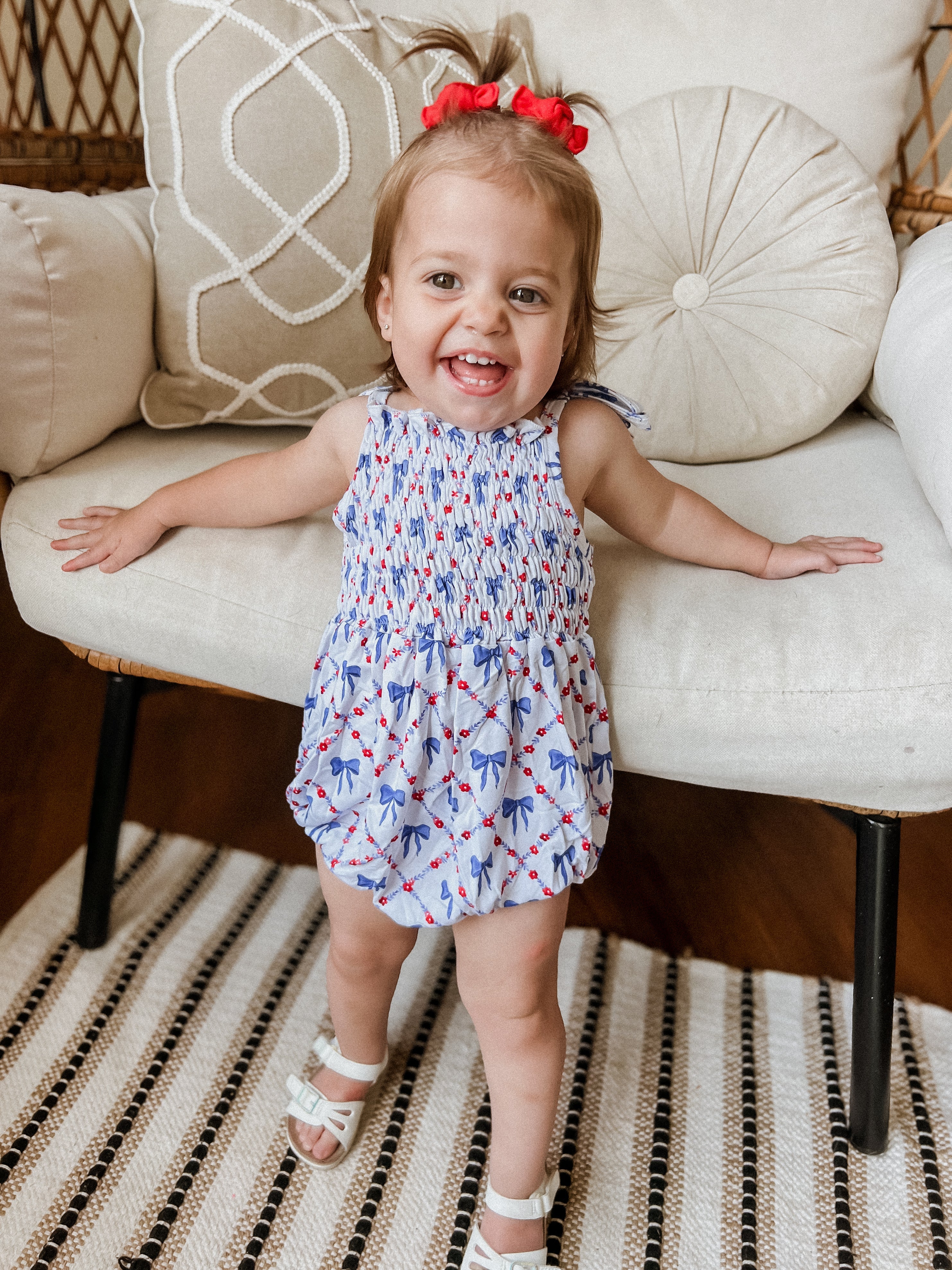 Smocked Bamboo Bubble Romper | Red, White and Bows