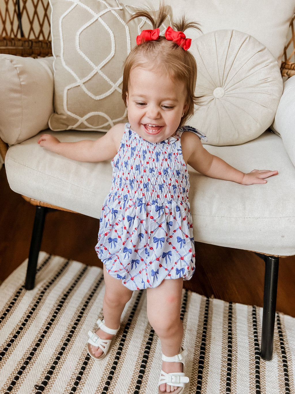 Smocked Bamboo Bubble Romper | Red, White and Bows