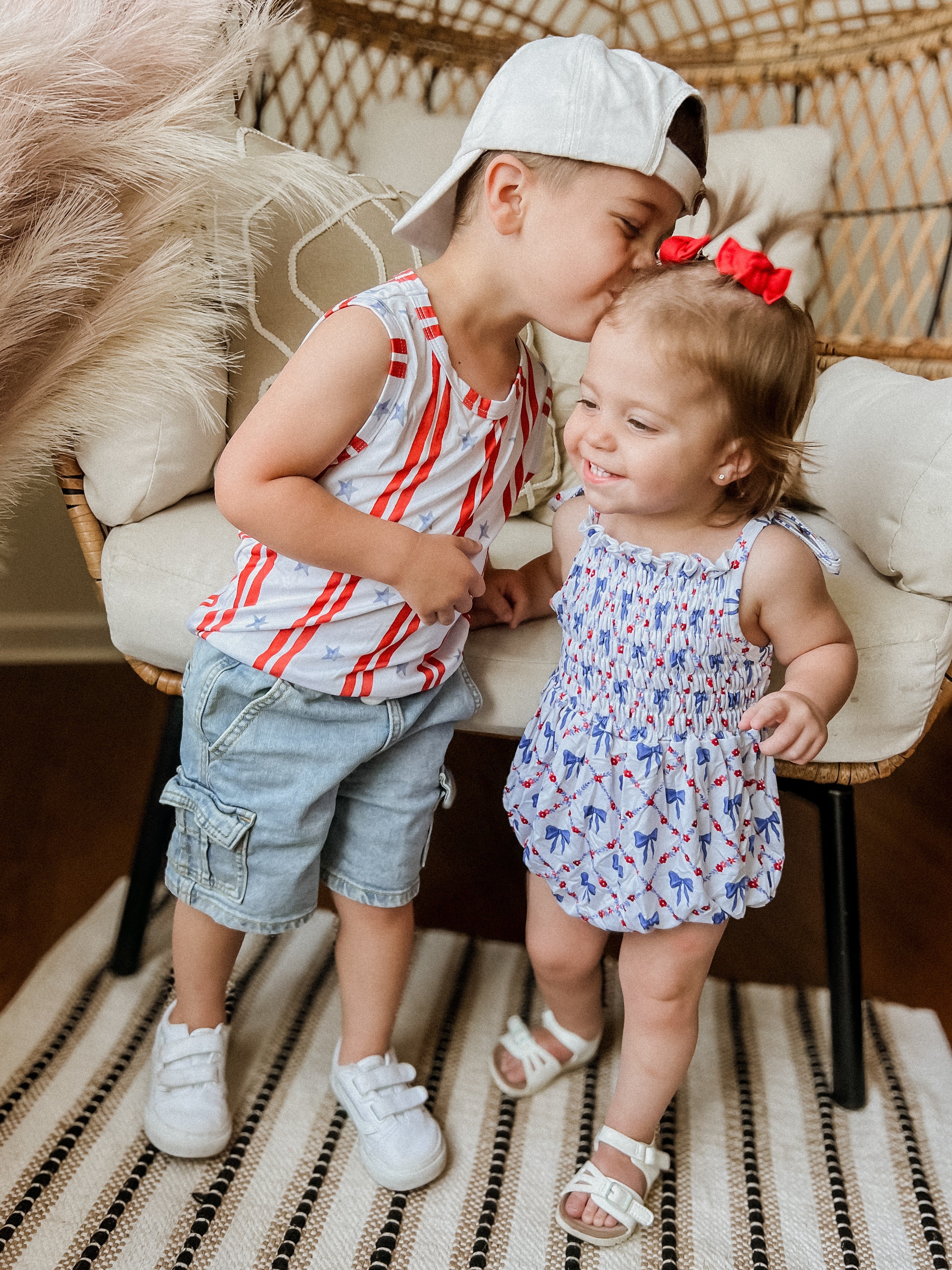 Smocked Bamboo Bubble Romper | Red, White and Bows