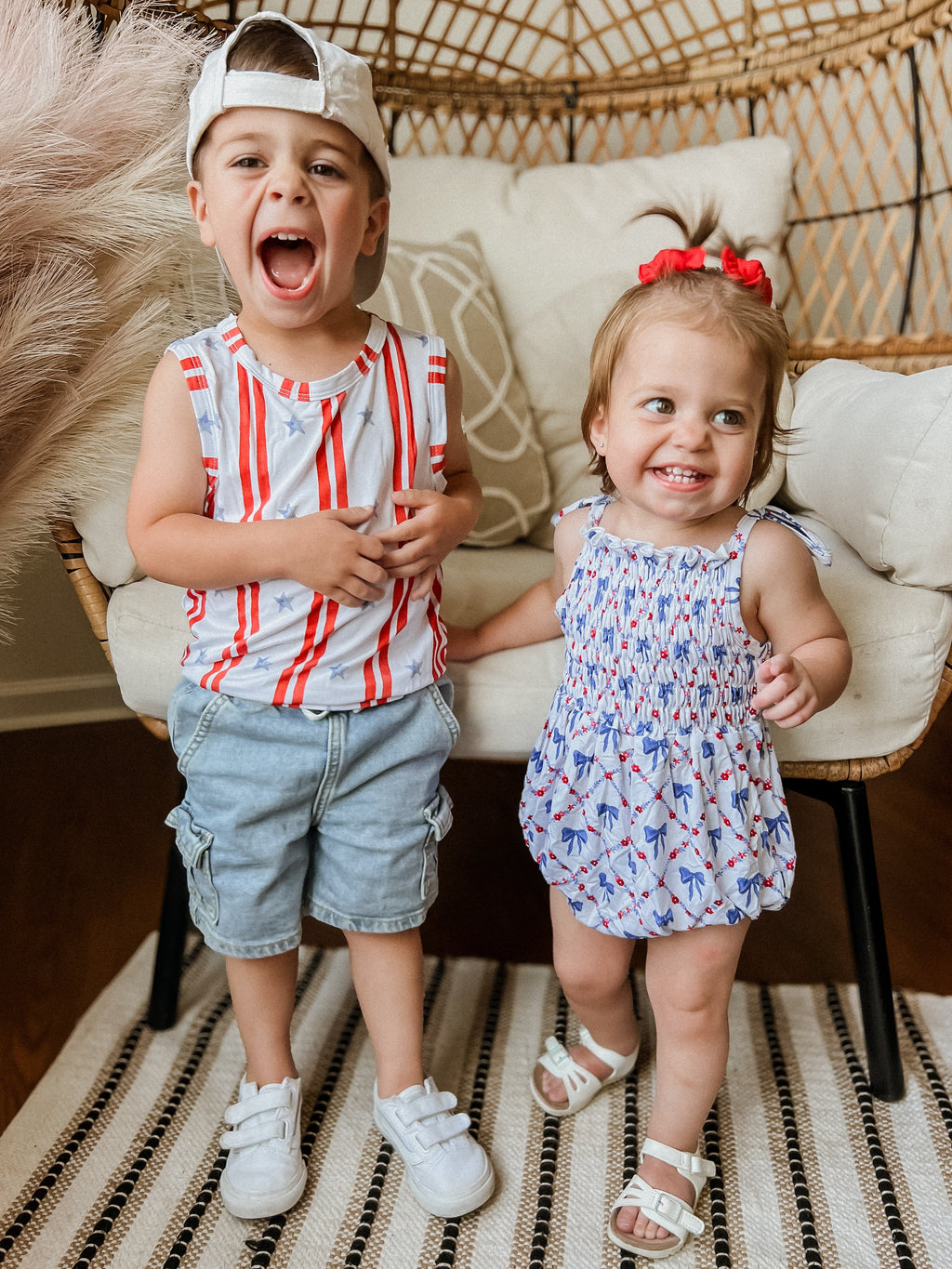 Smocked Bamboo Bubble Romper | Red, White and Bows