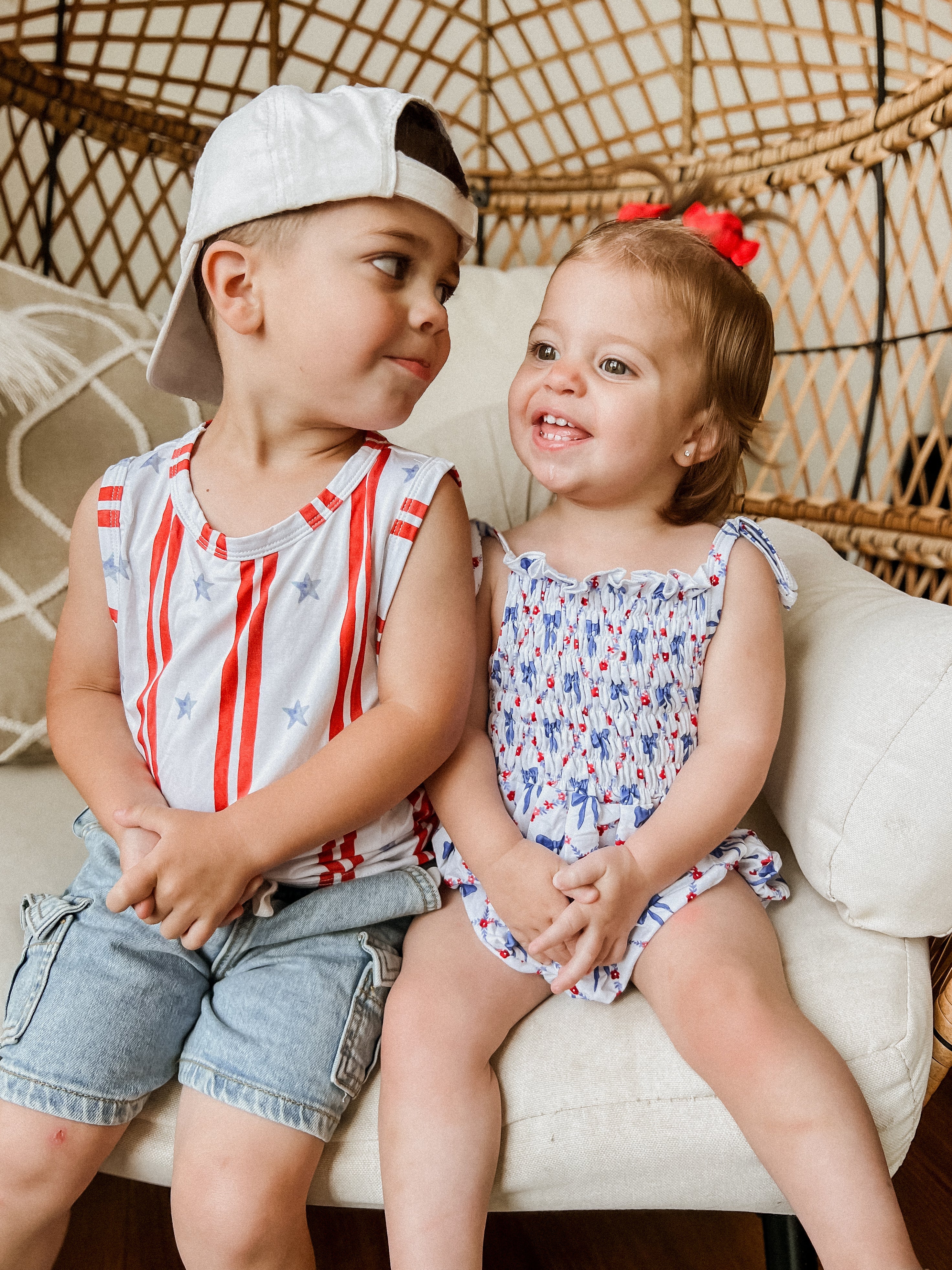 Smocked Bamboo Bubble Romper | Red, White and Bows