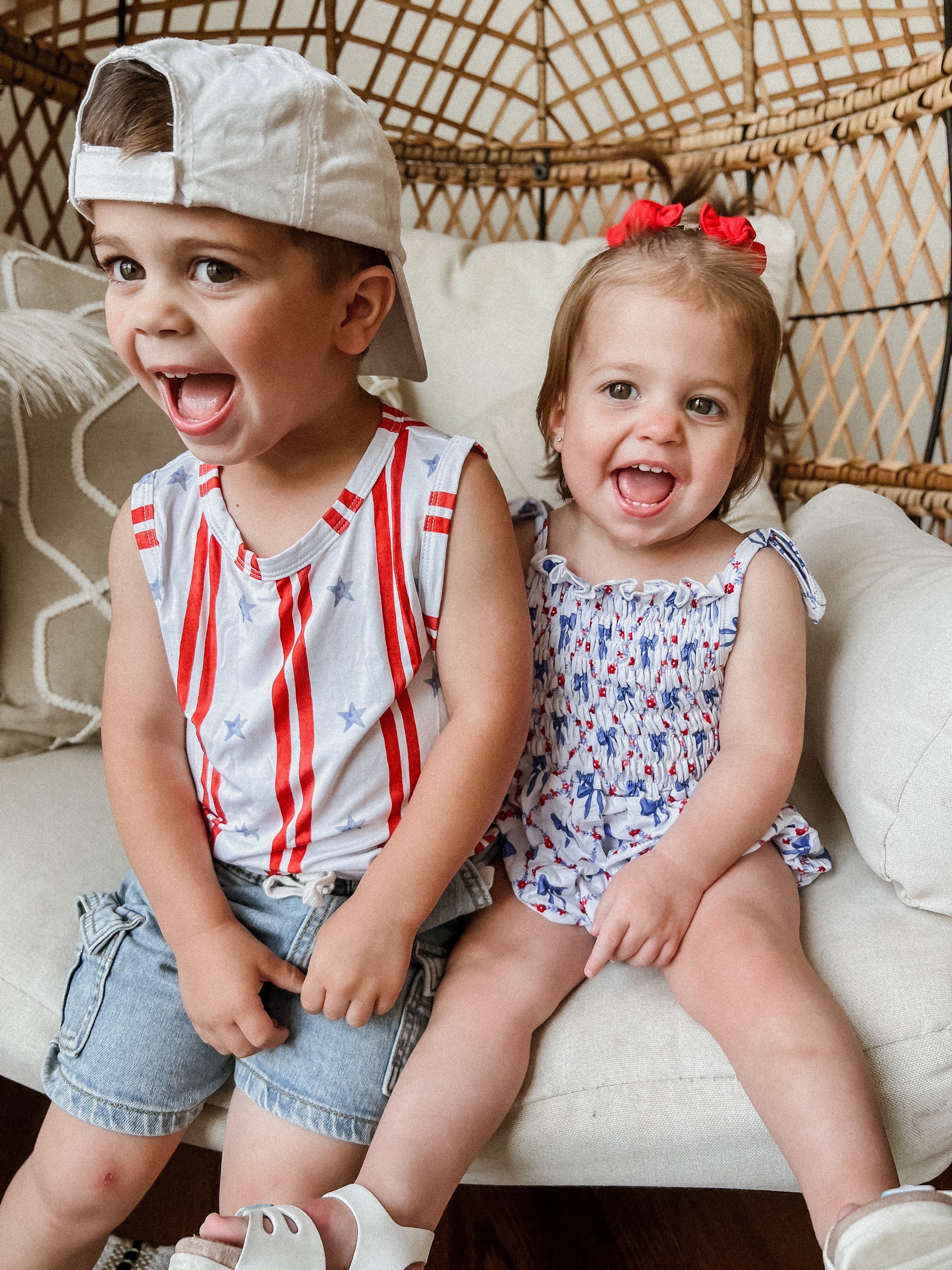 Smocked Bamboo Bubble Romper | Red, White and Bows
