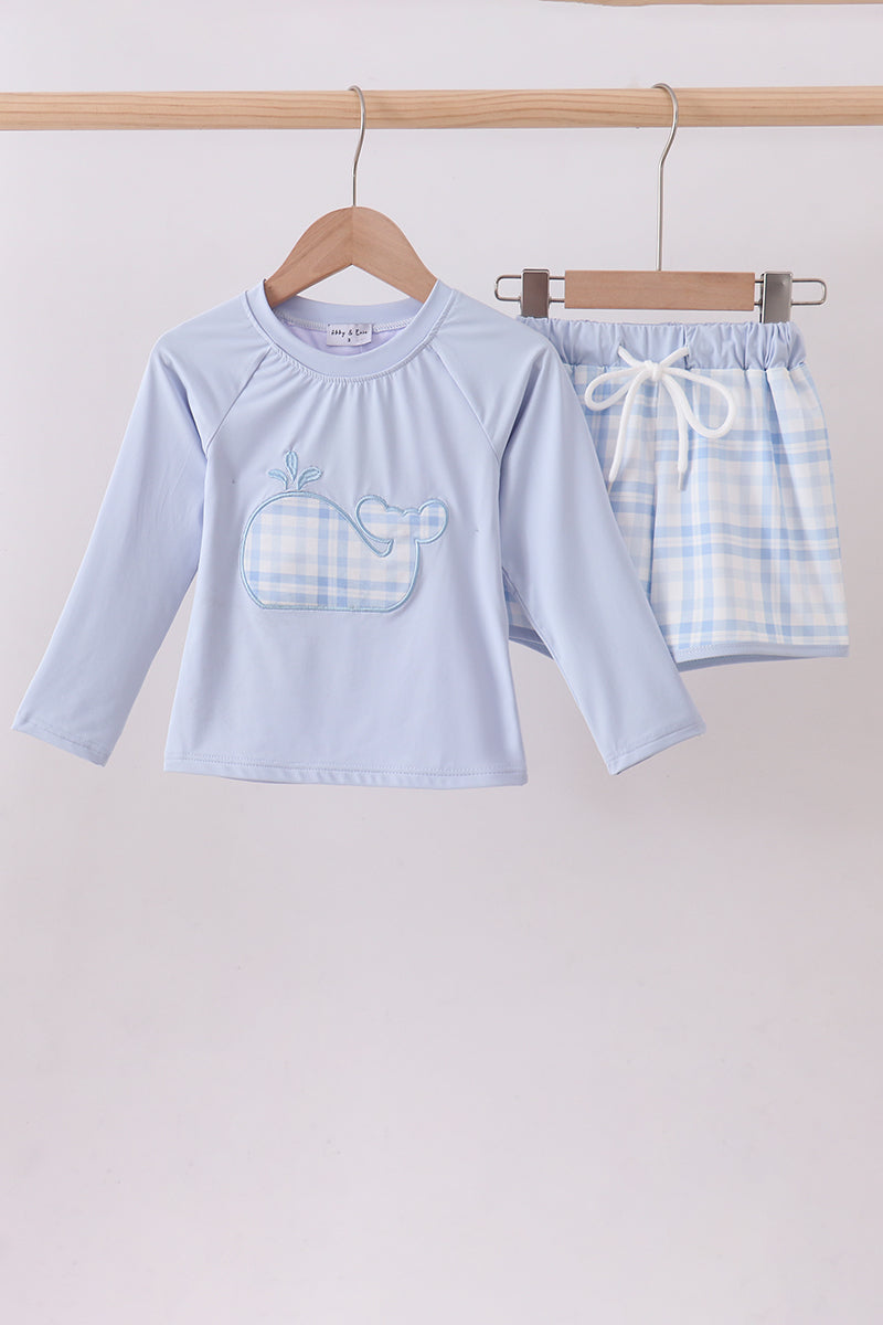 Applique 2pc Swimsuit | Blue Plaid Whale | 18M+